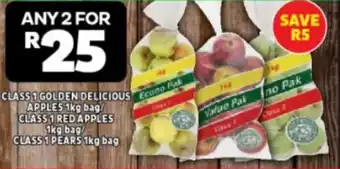 CLASS 1 GOLDEN DELICIOUS APPLES 1kg bag/ CLASS 1 RED APPLES 1kg bag/ CLASS 1 PEARS 1kg bag