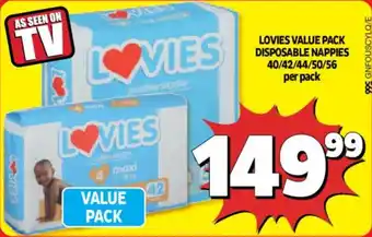 Usave LOVIES VALUE PACK DISPOSABLE NAPPIES 40/42/44/50/56 per pack offer