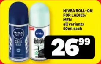 Usave NIVEA ROLL-ON FOR LADIES/ MEN all variants 50ml each offer