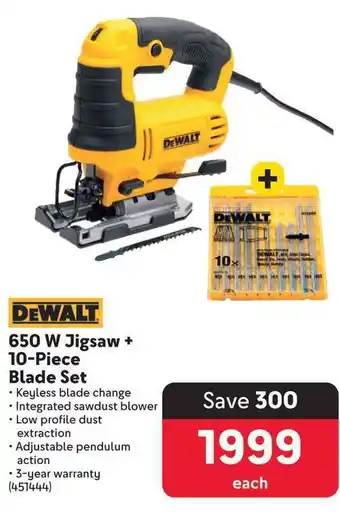 Makro DEWALT 650 W Jigsaw + 10-Piece Blade Set offer
