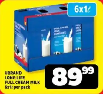 Usave UBRAND LONG LIFE FULL CREAM MILK 6x1L per pack offer