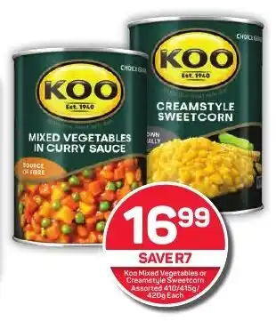 Pick n Pay Hypermarket Koo Mixed Vegetables or Creamstyle Sweetcorn Assorted 410/415g/ 420g Each offer