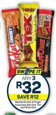 Pick n Pay Hypermarket Nestle Kit Kat 4 Finger Assorted, Bar One, Tex and Smarties offer