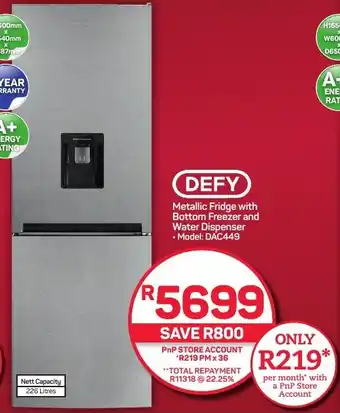Pick n Pay Hypermarket DEFY Metallic Fridge with Bottom Freezer and Water Dispenser offer