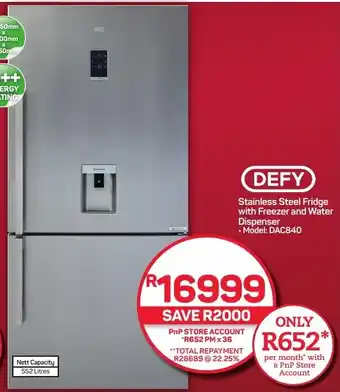 Pick n Pay Hypermarket DEFY Stainless Steel Fridge with Freezer and Water Dispenser offer
