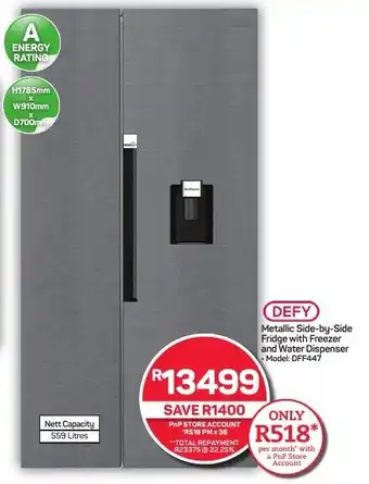 Pick n Pay Hypermarket DEFY Metallic Side-by-Side Fridge with Freezer and Water Dispenser offer