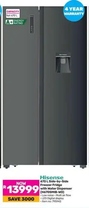 Game Hisense 670 L Side-by-Side Freezer Fridge with Water Dispenser (H670SMIB-WD) offer