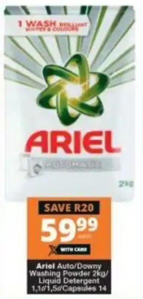 Checkers Ariel Auto/Downy Washing Powder 2kg, Liquid Detergent 1,1L/1,5L, Capsules 14's offer