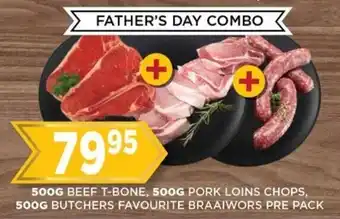 Goal Supermarket 500G BEEF T-BONE, 500G PORK LOINS CHOPS, 500G BUTCHERS FAVOURITE BRAAIWORS PRE PACK offer