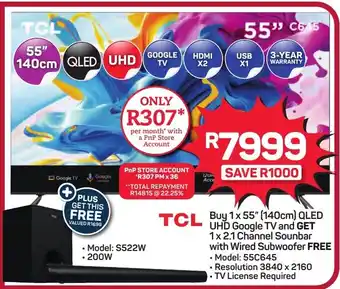 TCL Buy 1x 55" (140cm) QLED UHD Google TV and GET 1x 2.1 Channel Sounbar with Wired Subwoofer FREE