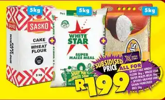 Shoprite SASKO CAKE WHEAT FLOUR 5kg+WHITE STAR SUPER MAIZE MEAL 5kg +SPEKKO ORANGE LONG GRAIN PARBOILED RICE 5kg offer