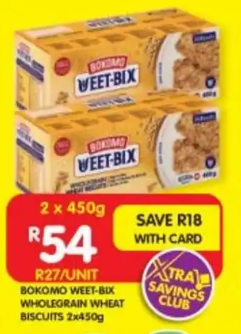 Shoprite BOKOMO WEET-BIX WHOLEGRAIN WHEAT BISCUITS 2x450g offer