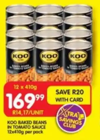 Shoprite KOO BAKED BEANS IN TOMATO SAUCE 12x410g per pack offer