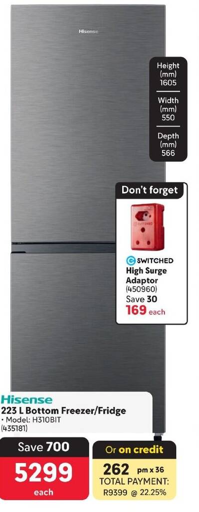 Hisense 223 L Bottom Freezer/Fridge offer at Makro