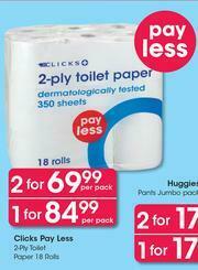 Clicks Pay Less 2 Ply Toilet paper 18 Rolls-For 1 Per Pack offer at Clicks