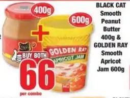 Boxer BLACK CAT Smooth Peanut Butter 400g & GOLDEN RAY Smooth Apricot Jam 600g offer