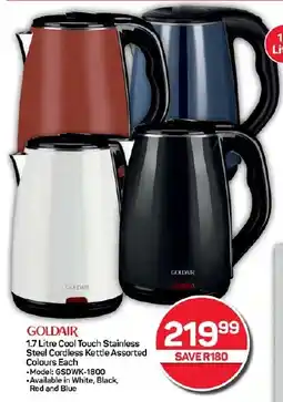 Pick n Pay Hypermarket GOLDAIR 1.7 Litre Cool Touch Stainless Steel Cordless Kettle Assorted Colours Each offer