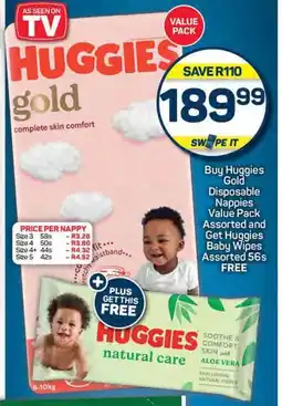 Pick n Pay Buy Huggies Gold Disposable Nappies Value Pack Assorted and Get Huggies Baby Wipes Assorted 56s FREE offer