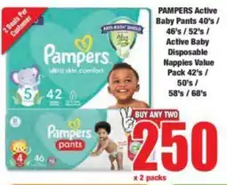 Boxer PAMPERS Active Baby Pants 40's/ 46's/52's/ Active Baby Disposable Nappies Value Pack 42's/ 50's/ 58's/68's offer