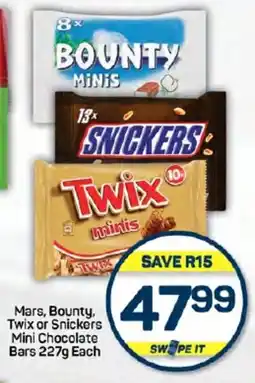Pick n Pay Hypermarket Mars, Bounty, Twix or Snickers Mini Chocolate Bars 227g Each offer