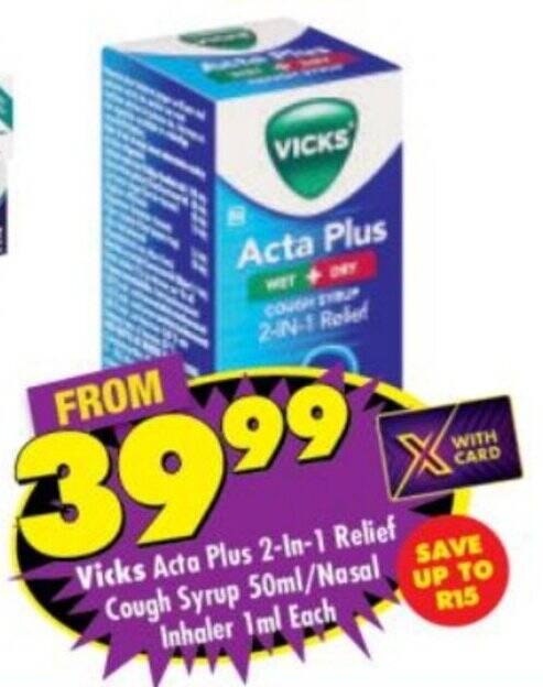 Vicks Acta Plus 2-In-1 Relief Cough Syrup 50ml/Nasal SAVE Inhaler 1ml ...