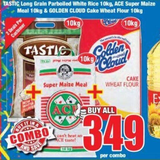 TASTIC Long Grain Parboiled White Rice 10kg, ACE Super Maize Meal 10kg