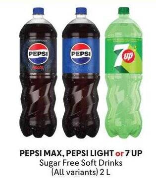 PEPSI MAX, PEPSI LIGHT or 7 UP Sugar Free Soft Drinks (All variants) 2 ...