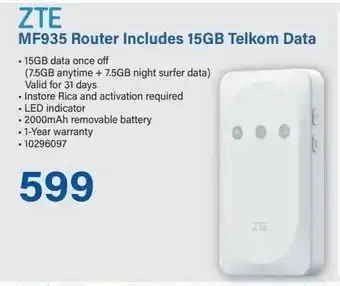 Incredible Connection ZTE MF935 Router Includes 15GB Telkom Data offer