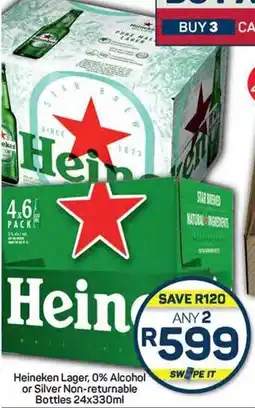 Pick n Pay Hypermarket Heineken Lager, 0% Alcohol or Silver Non-returnable Bottles 24x330ml offer