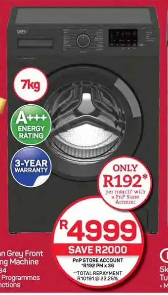 Pick n Pay Hypermarket DEFY 7kg Manhattan Grey Front Loader Washing Machine offer