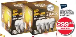 Pick n Pay Hypermarket Lighting 5W BC/ ES LED Cool White Emergency Globes 4-Pack Each offer