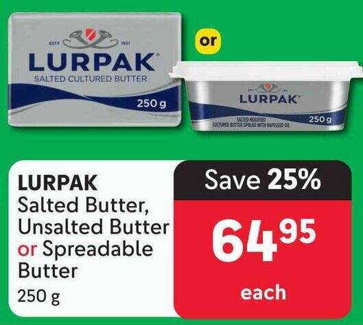 LURPAK Salted Butter, Unsalted Butter or Spreadable Butter 250g offer ...