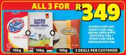 Usave GOLDEN CLOUD CAKE WHEAT FLOUR 10kg + UBRAND SUPER WHITE MAIZE MEAL 10kg + SPEKKO LONG GRAIN PARBOILED RICE 10kg offer