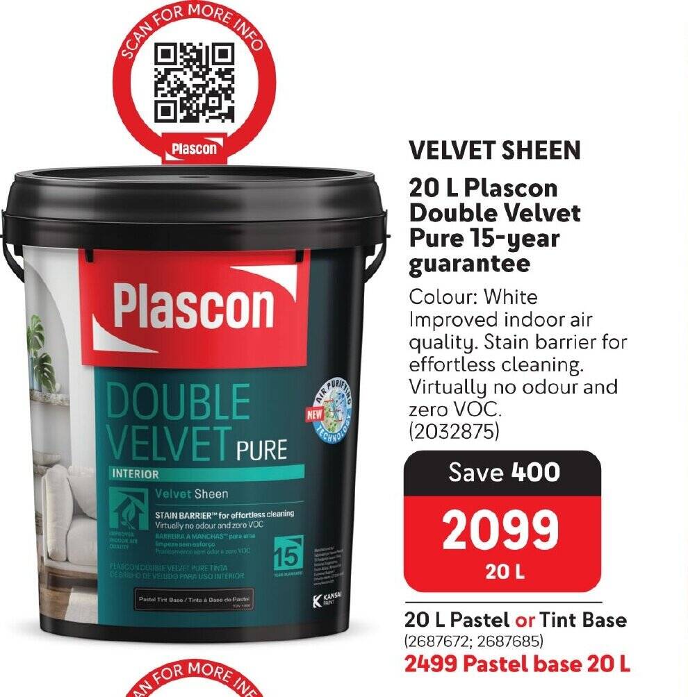 VELVET SHEEN 20 L Plascon Double Velvet Pure 15year guarantee offer at Makro