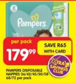 Shoprite PAMPERS DISPOSABLE NAPPIES 36/42/45/50/58 68/72 per pack offer