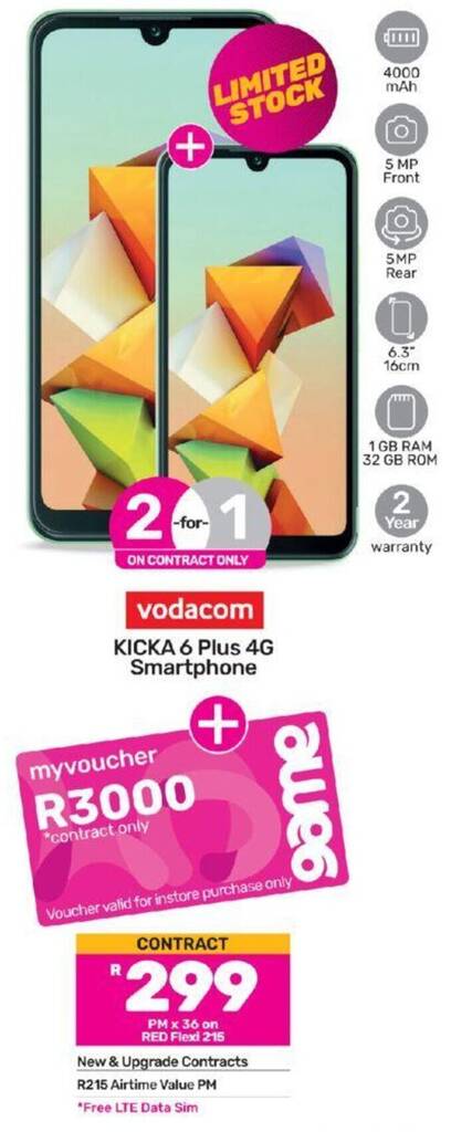 vodacom KICKA 6 Plus 4G Smartphone offer at Game