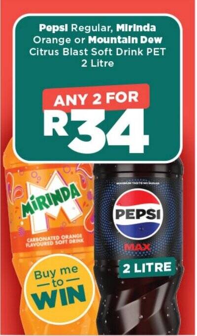 Pepsi Regular, Mirinda Orange or Mountain Dew Citrus Blast Soft Drink ...