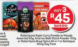 Pick n Pay Hypermarket Robertsons Rajah Curry Powder or Masala Assorted, Knorrox Beef Stock Powder or Robertsons Braai Spice All-in-1 or Barbeque offer