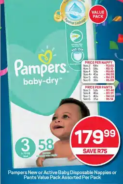 Pick n Pay Hypermarket Pampers New or Active Baby Disposable Nappies or Pants Value Pack Assorted Per Pack offer