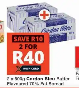 Checkers 2 x 500g Cordon Bleu Butter Flavoured 70% Fat Spread offer