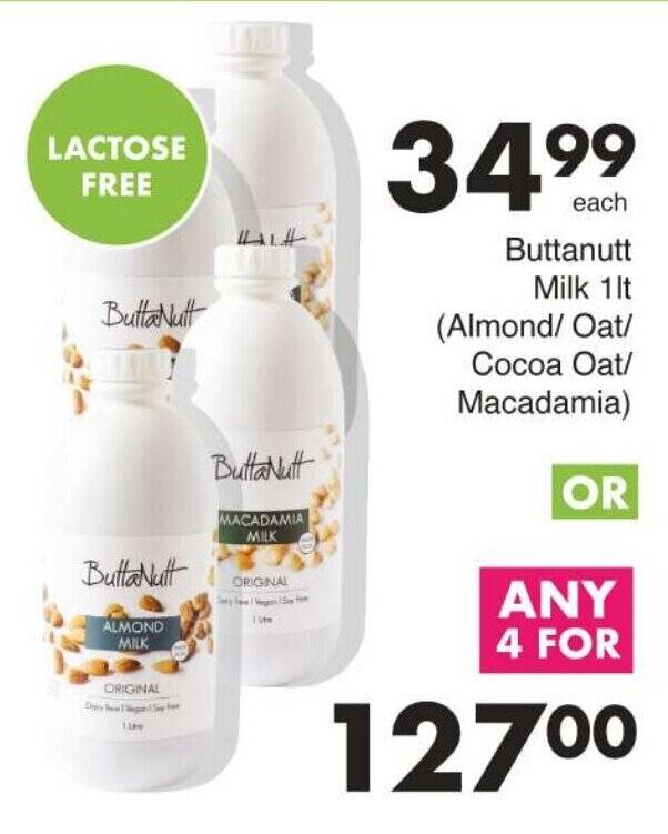 Buttanutt Milk 1lt (Almond/ Oat/ Cocoa Oat/ Macadamia) offer at Save Hyper