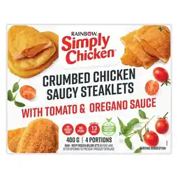 Pick n Pay Liquor Rainbow Simply Chicken Frozen Crumbed Chicken Saucy Steaklets with Tomato & Oregano Sauce 400g offer