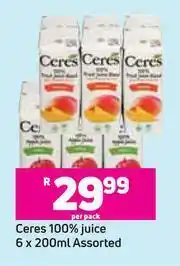 Game Ceres 100% Juice Assorted-6 x 200ml Per Pack offer