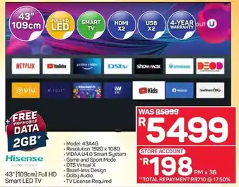 Pick n Pay Hisense 43" (109cm)Full HD Smart LED TV offer
