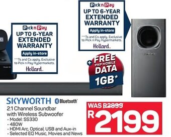 Pick n Pay Skyworth 2.1 Channel Soundbar with Wireless Subwoofer offer
