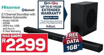 Pick n Pay Hisense 2.1 Channel Soundbar with Wireless Subwoofer offer