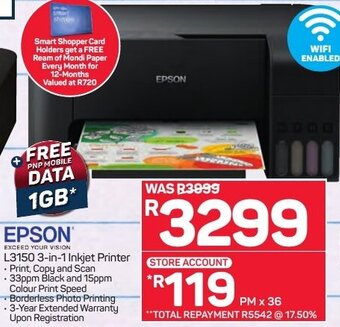 Pick n Pay Epson L3150 3-in-1 Inkjet Printer offer