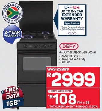 Pick n Pay Defy 4-Burner Black Gas Stove offer