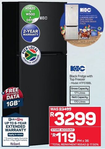Pick n Pay KIC Black Fridge with Top Freezer offer