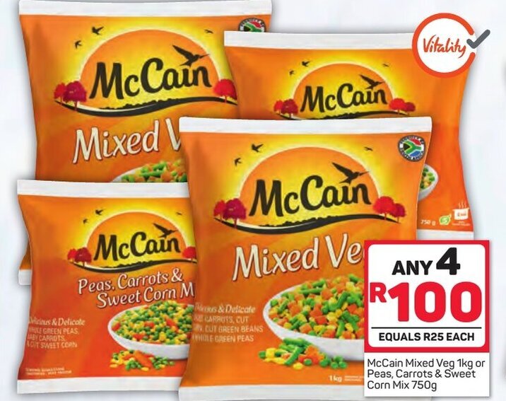 McCain Mixed Veg 1kg or Peas, Carrots & Sweet Corn Mix 750g 4s offer at